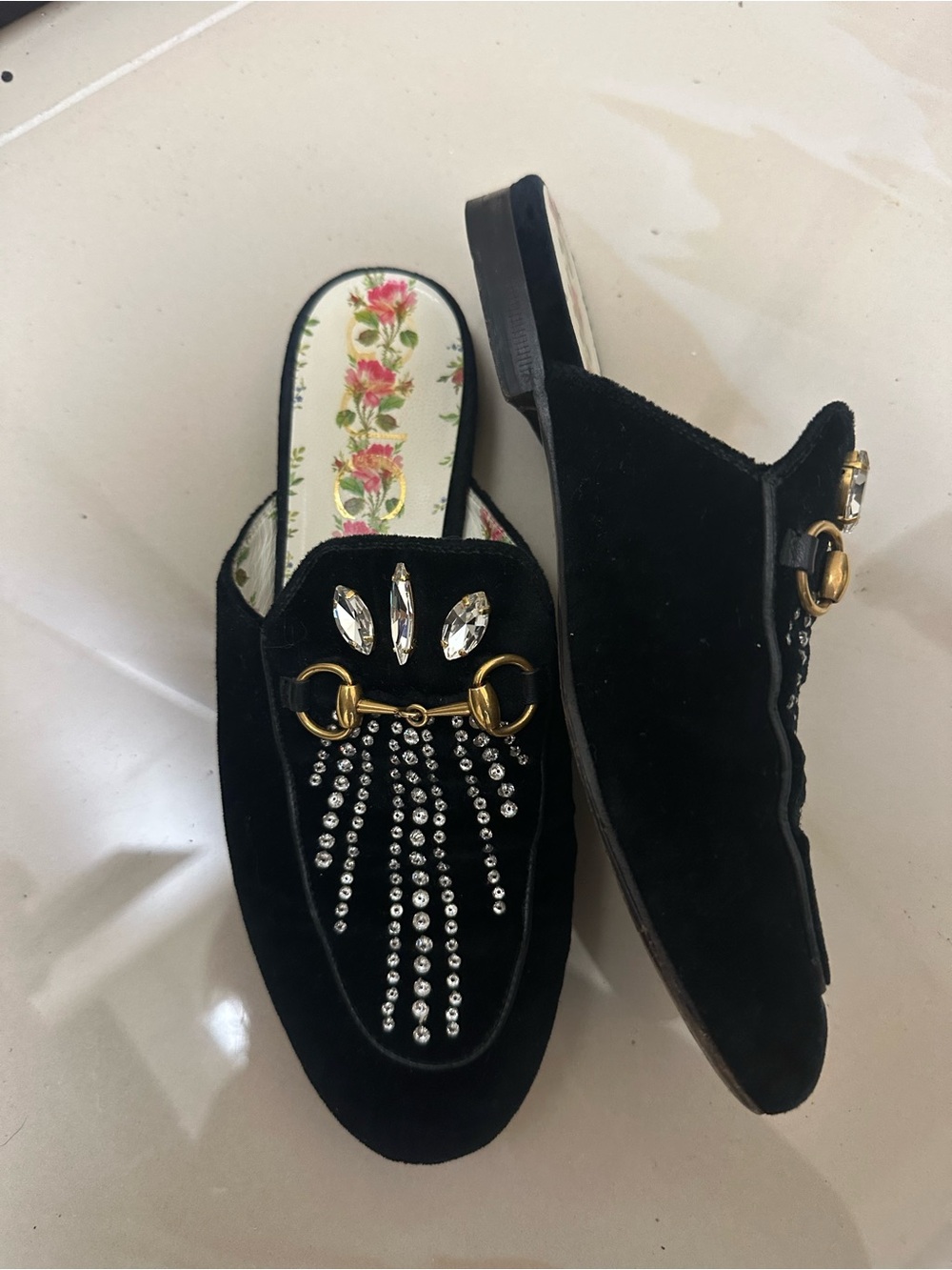 Gucci Black Velvet Crystal-Embellished Horsebit Mules - Picture 2 of 5
